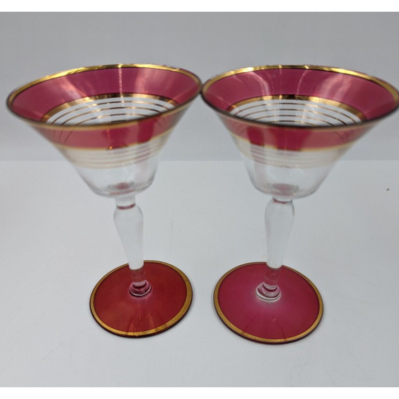 West Virginia Glass Ruby Red Gold Martini Cocktail Pitcher and 8 Cordial Glasses - Picture 7 of 16